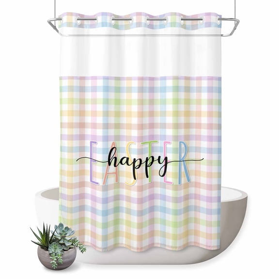 No Hook Shower Curtain with Built-in Rings - Happy Easter Washable Waterproof Fabric Bathroom Curtains for Hotel,Rentals, 72X 96 Inch Extra Long , Spring Colorful Pastel Plaid