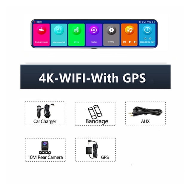 12 Inch 4K 3840*2160P Car DVR Dash Cam GPS IMX415 Rear View Mirror 1080P Car Camera Video Recorder Park Monitor ,Clear Images