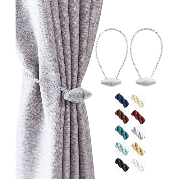 Magnetic Curtain Tiebacks, 2 Pcs 16” Window Treatment Holdbacks for Blackout /Sheer, Upgraded Twisted Rope Ties Suit for Indoor/Outdoor Drapery - Grey