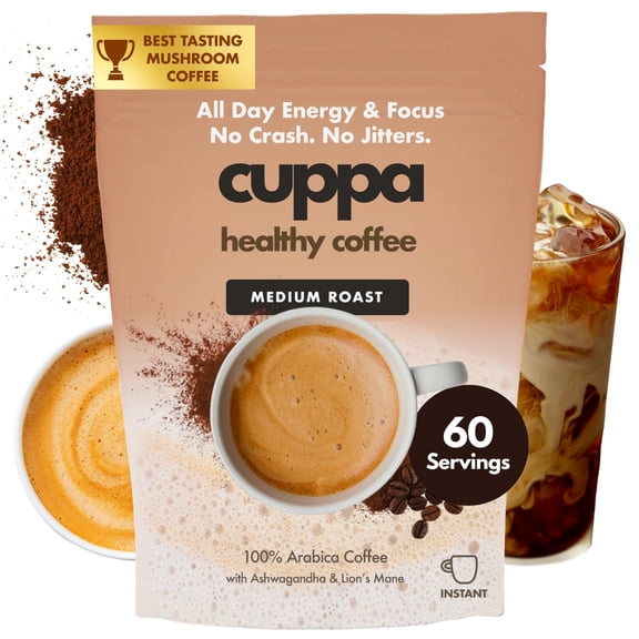 Cuppa Medium Roast Healthy Mushroom Instant Coffee with Lion's Mane & Ashwagandha for All Day Energy & Focus - No Crash or Jitters (60 Serving)