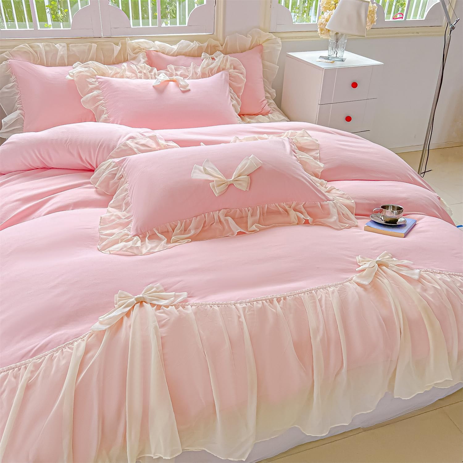 MOOWOO Ruffled Bedding Bow Duvet Cover Set with Butterfly Tie, Soft Brushed Microfiber Shabby Chic Bedding Set with Zipper Closure