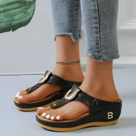

Metal Flip Flops Women Summer Thong Sandals Elegant Wedge Heel Flip Flops PU Leather Clip-Toe Slippers Bohemia Beach Shoes Platform Slippers
