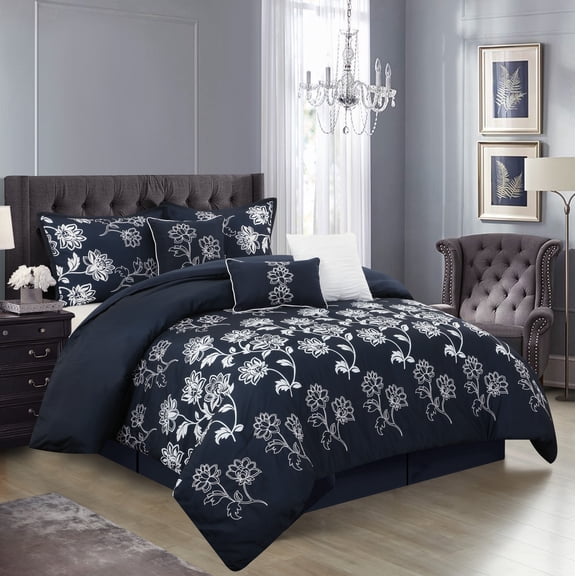 Nastia 7 Piece Floral Embroidery Comforter Set in Navy by Nanshing, Queen