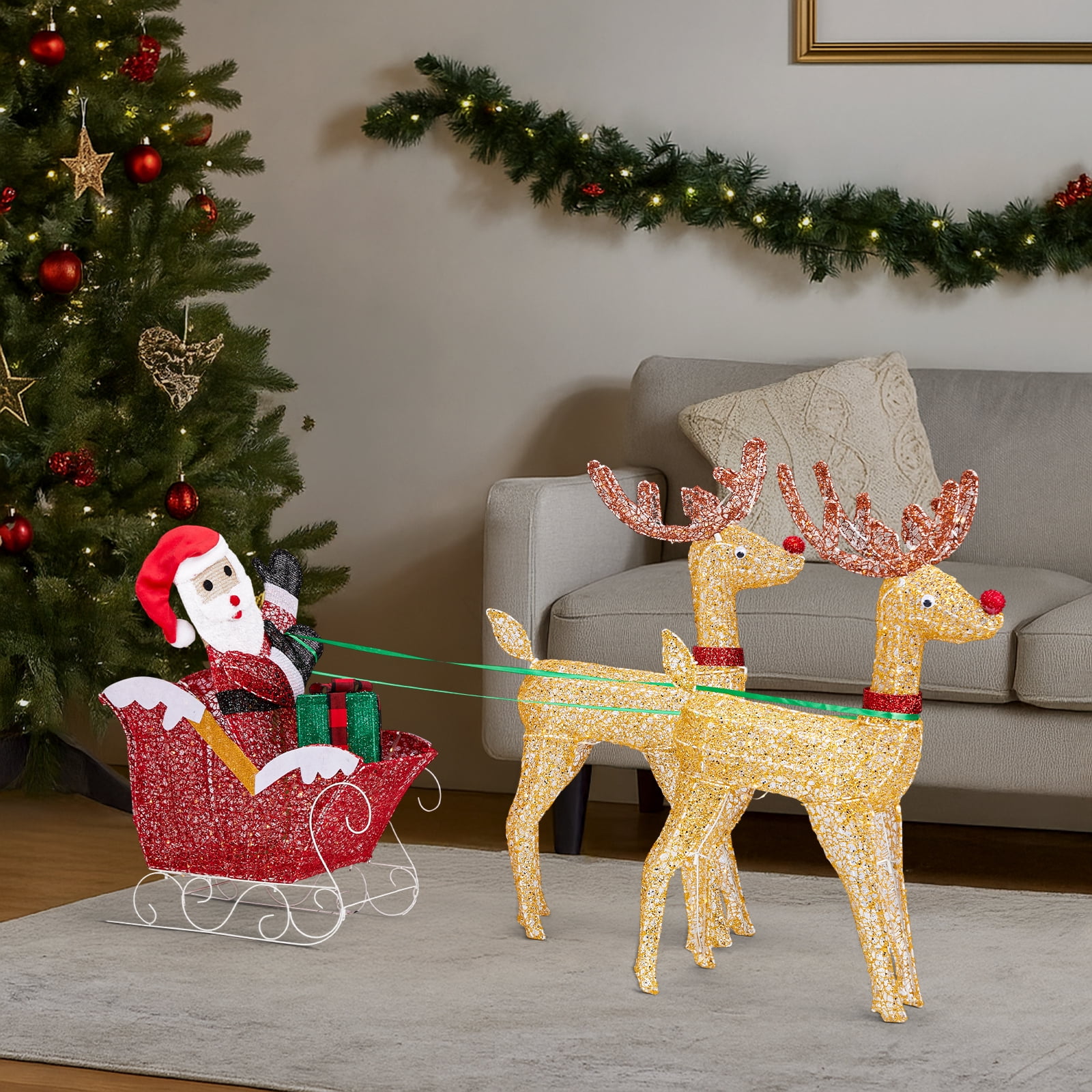 Astoutdoor Lighted Reindeer Pulling Sleigh Christmas Decoration, Pre-lit with 270 Warm White LED Lights, 30V 6W, Indoor Outdoor Holiday Display