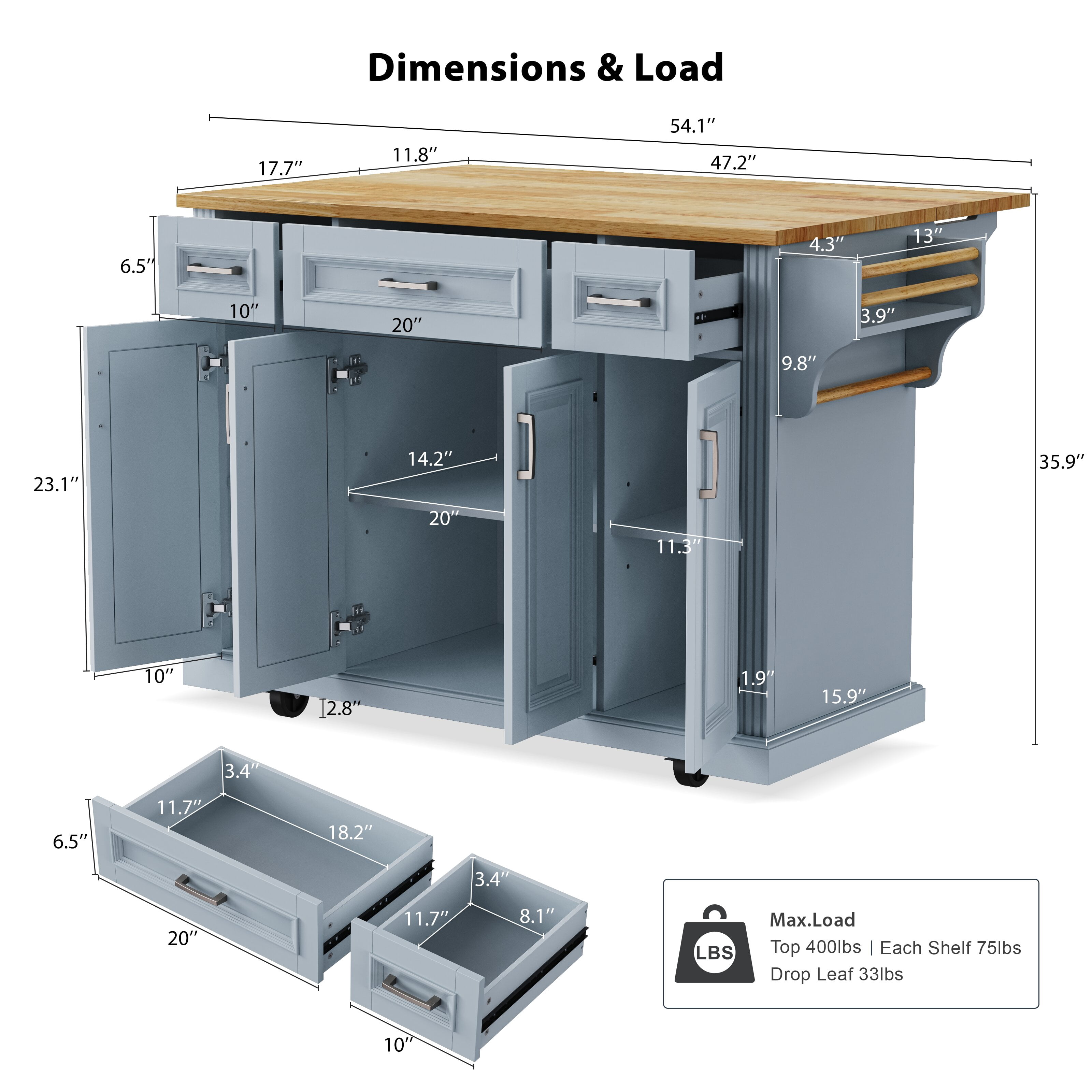 Yoneston 54" Large Kitchen Island with Drop Leaf, Rolling Kitchen Cart with Towel Rack Spice Rack and 4 Doors and 3 Drawers for Kitchen, Dining Room, Blue