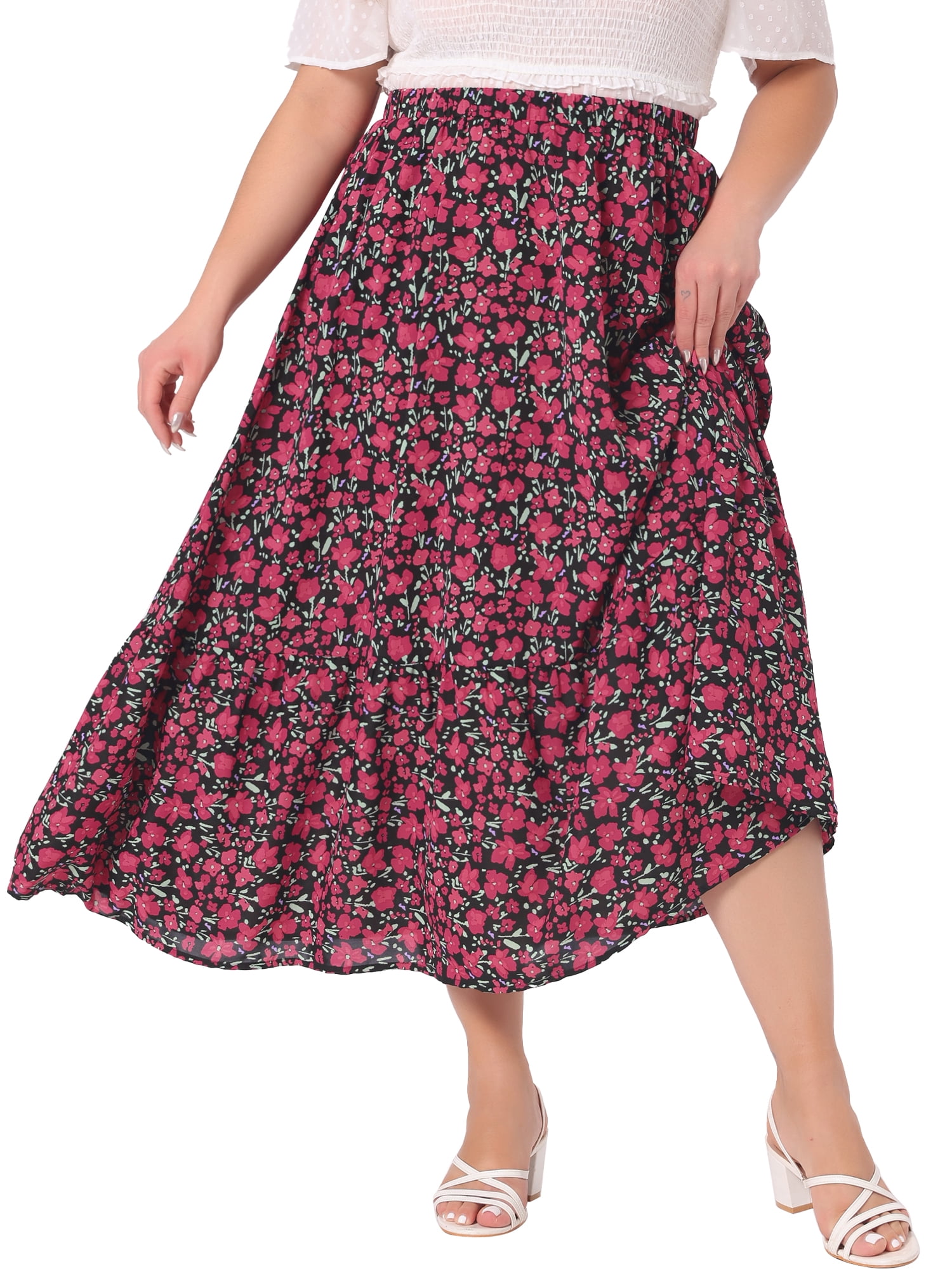 DARING DIVA Women's Plus Skirts Floral Stretchy Waist Layered Maxi Skirt 2XL Black