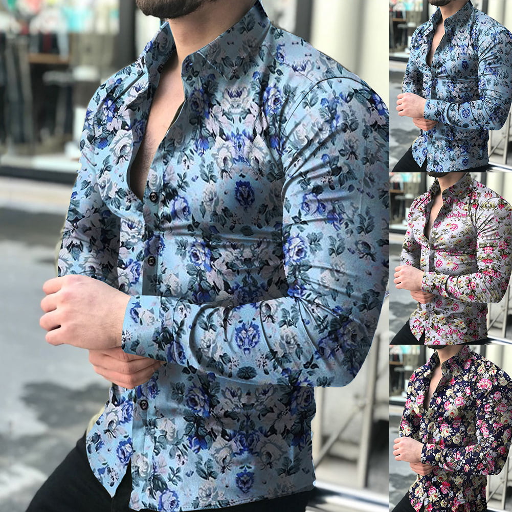 Shirt Slim Fit Mens Stylish Dress Shirts Long Sleeve Floral Casual Luxury Top 