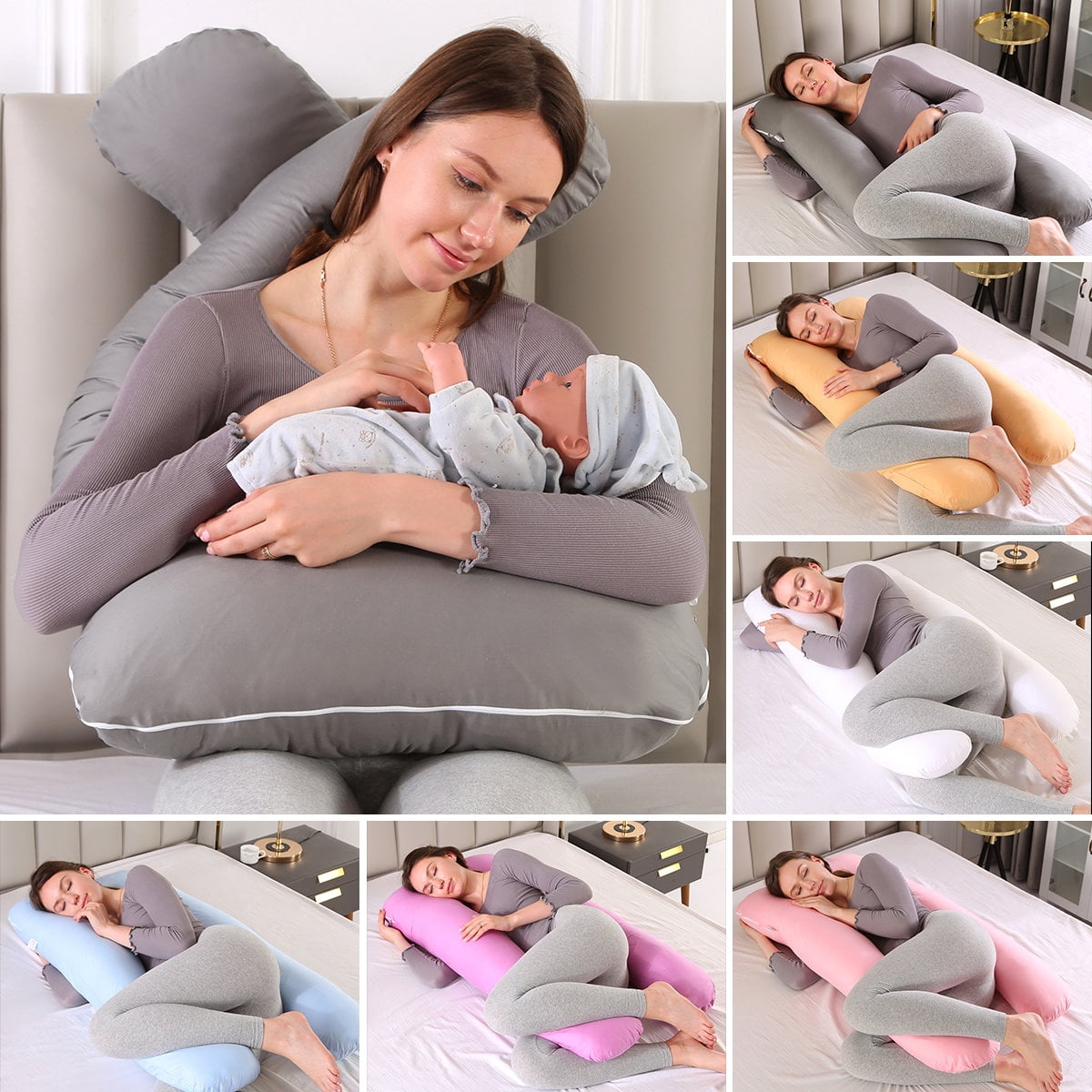 Topchances Pregnancy Pillow Maternity Belly Contoured Body with Cotton Cover Grey