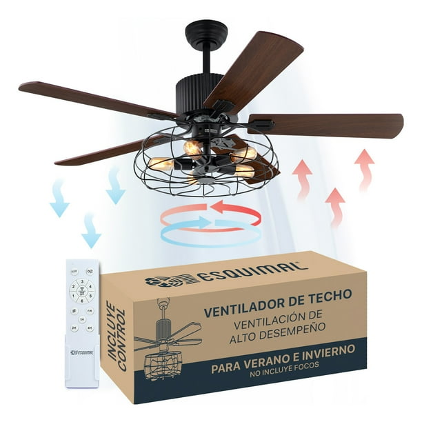 Ventilador de Techo con Luz Esquimal 132cm , Estilo Industrial, Función Reversible, Aspas de Madera, 6 Velocidades, Temporizador 4 hrs, Color Negro