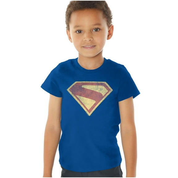 Popfunk Superman Logo Full Color Distress Kids T Shirt (4) for Toddler Boys and Girls, Navy