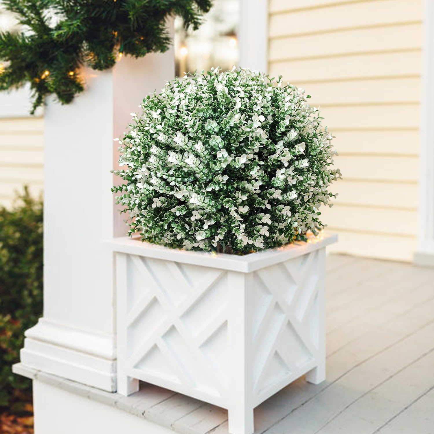 Artificial Boxwood Topiary Ball Trees, 2 Pack 24.5" Faux Plants, Bushes Shrubs Outdoor with Spike, UV-Resistant Fake Greenery for Planters, Porch, Garden, Home Office, Spring Decor – White