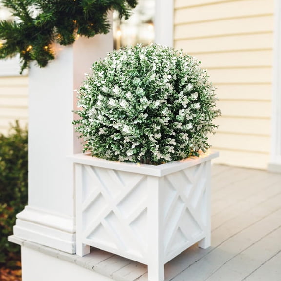 2 Pack 24.5" Artificial Boxwood Topiary Ball Trees Outdoor,  Flower Shrubs Bushes with Spike,-Resistant Fake Greenery for Planters Porch Garden Home Office Spring Decor-White