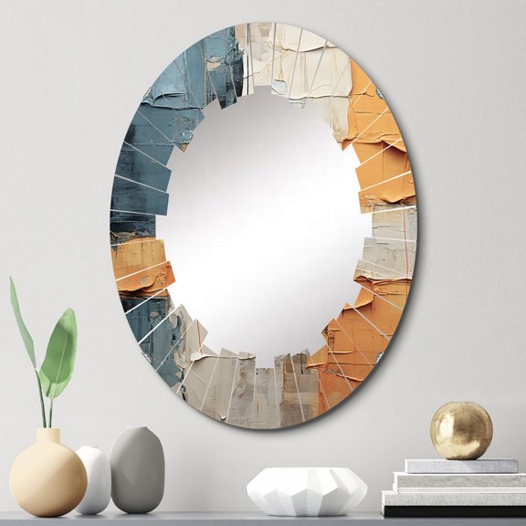 Designart "Quilted Paper II" Abstract Round Wall Mirror - Modern Oval Printed Decorative Oversized Mirror - Multiple Color Options