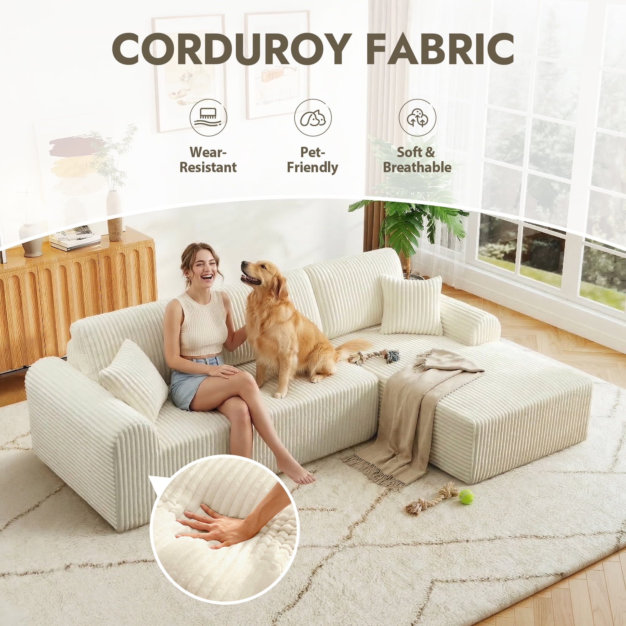 Aukfa 109" Modular Cloud Sectional Sofa with L-Shape Chaise, Corduroy Upholstered Deep Seat Couch, Right Facing Chaise, No Assembly Boneless Sofa for Living Room/Bedroom/Apartment, White