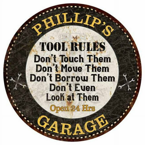 PHILLIP'S Garage Rules 14" Round Metal Sign Garage Bar Wall Decor 100140013426