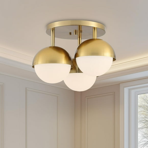 Popity home Globe Flush Mount 3-Light Ceiling Light, Mid Century Modern Brass Gold Ceiling Light Fixture with Globe White Frosted