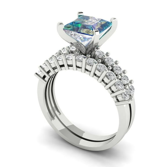 Clara Pucci 18K White Gold 2.63 Synthetic Blue Moissanite Engraveable Engagement Ring   Wedding Band Set