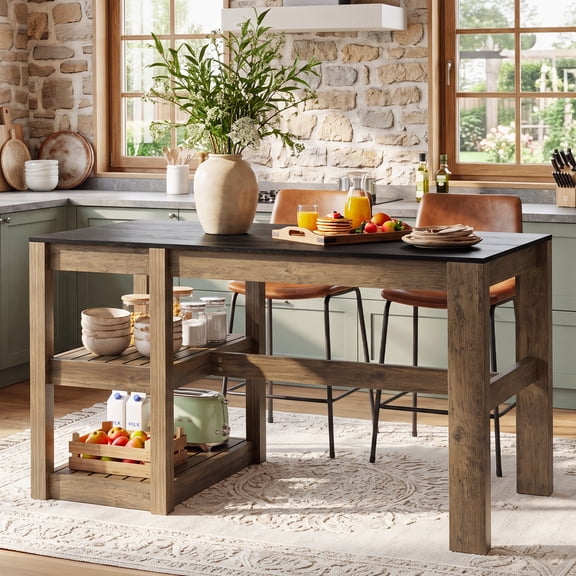 Finmind 55" Kitchen Island with Storage Shelves, Farmhouse Wood Stationary Island Table for Dining/Living Room, Kitchen, Rustic Brown and Black