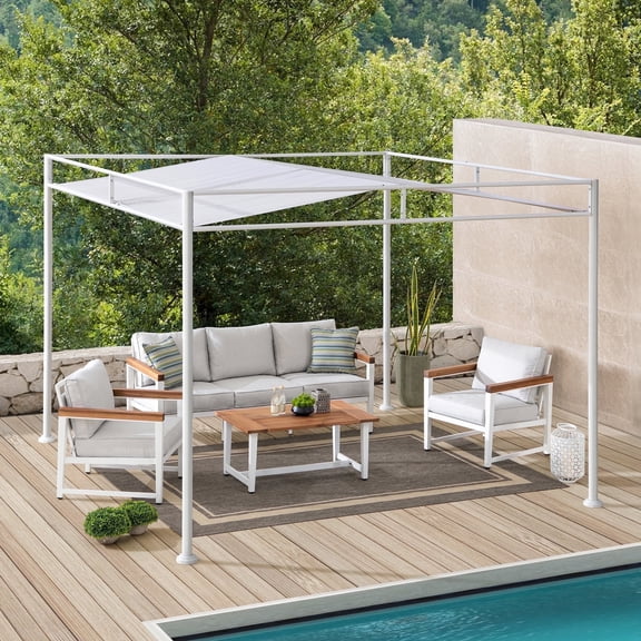 Sunjoy 10’ x 10’ Outdoor Darkeford Metal Pergola with White Sling Fabric Canopy