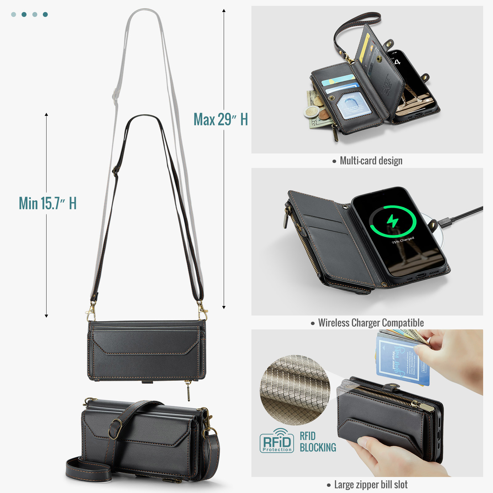 Asuwish Compatible with iPhone 16 Pro 6.3 inch Zipper Wallet Phone Case Tempered Glass Screen Protector Crossbody Lanyard Strap Flip Card Holder Slot Cell Cover for i Phone16 i16 16Pro Women Black
