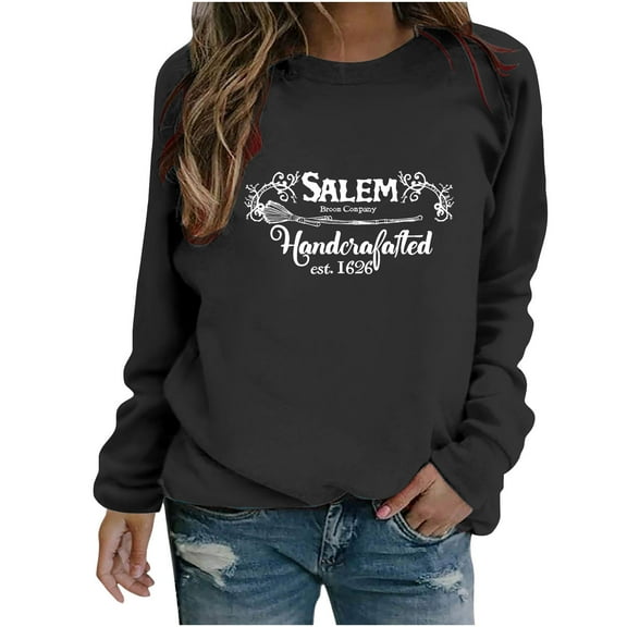 Raeneomay Long Sleeve Shirts for Women Casual Winter Halloween Hoodless Round-Neck Loose Printed SweatShirts