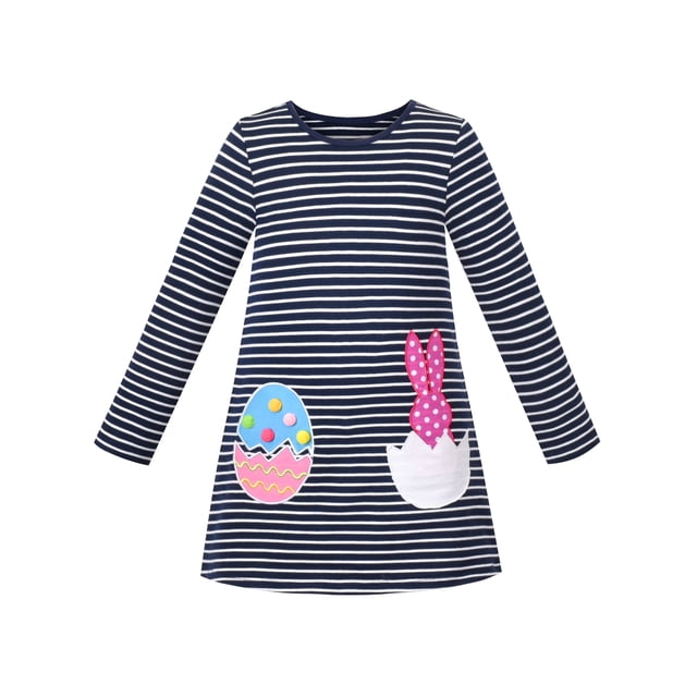 Robe Fille Easter Bunny Œuf Craquelé Bleu Marine Blanc Rayé Pompon 6 Ans
