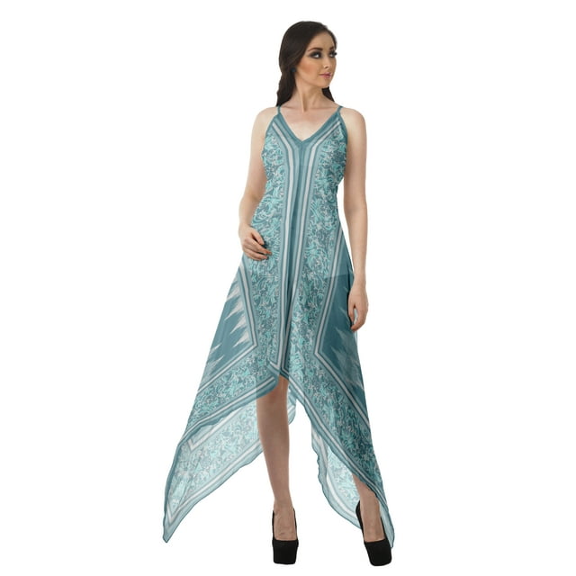 Moomaya Robe à Ourlet Asymétrique pour Femmes, Robe à Bretelles Spaghetti à Dos Nu avec Mouchoir