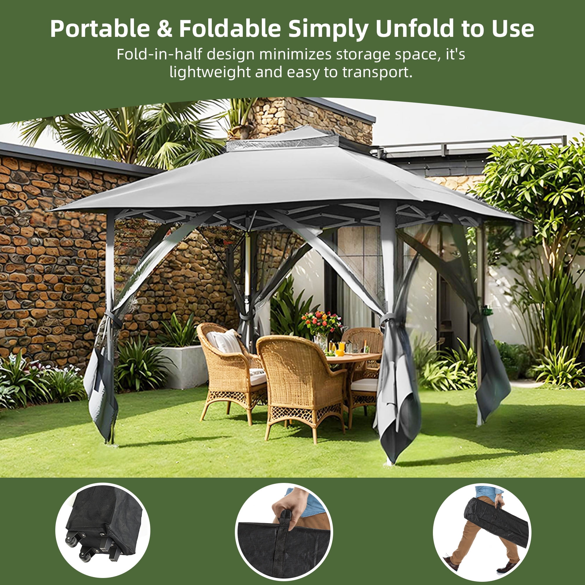 Uforic 12'x12' Pop Up Gazebo, Outdoor Double Roof Gazebo Tent with Netting Walls, Double Vented Roof Canopy, Beige