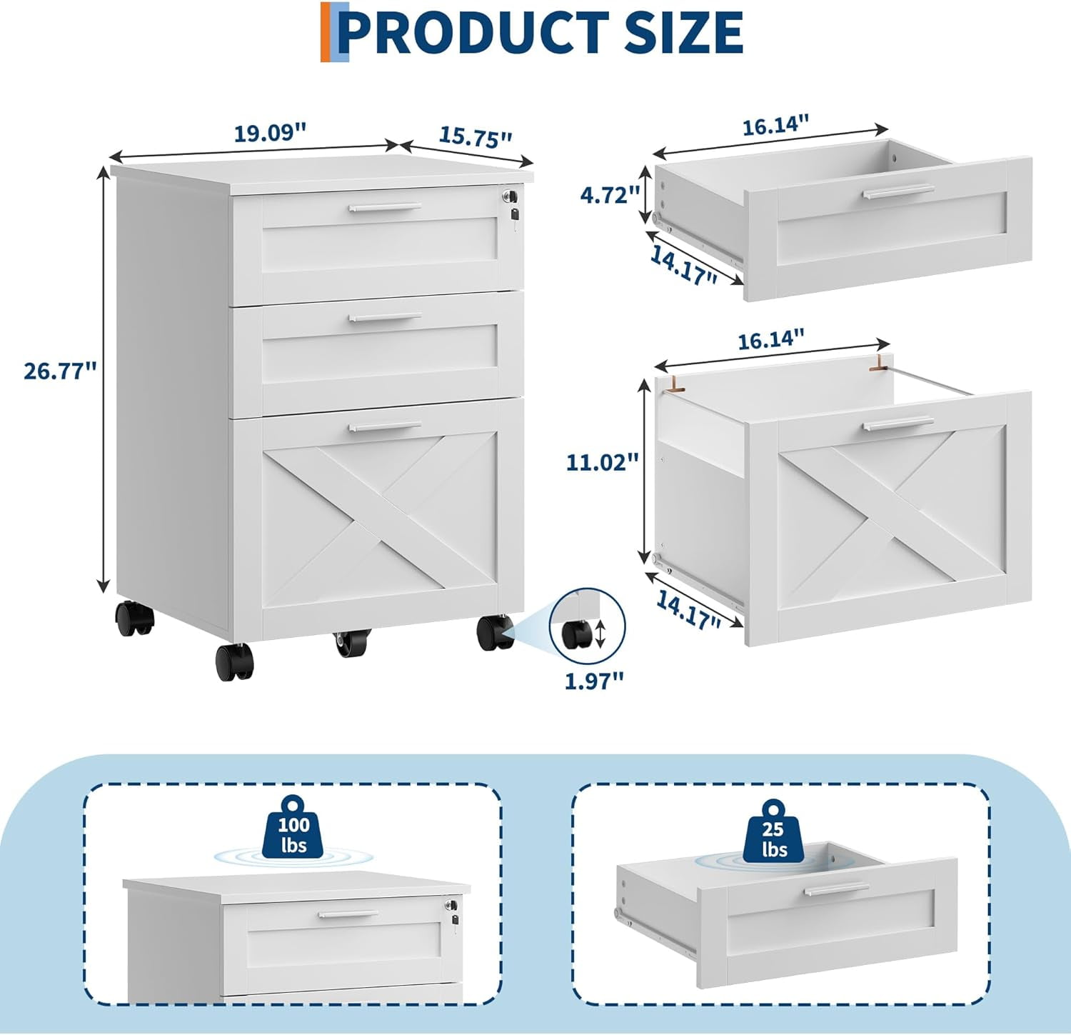 3-Drawer File Cabinet with Lock, Mobile Under Desk Filing Cabinet for Home Office, Wood Storage Organizer for Letter/a4/Legal Size Documents, White