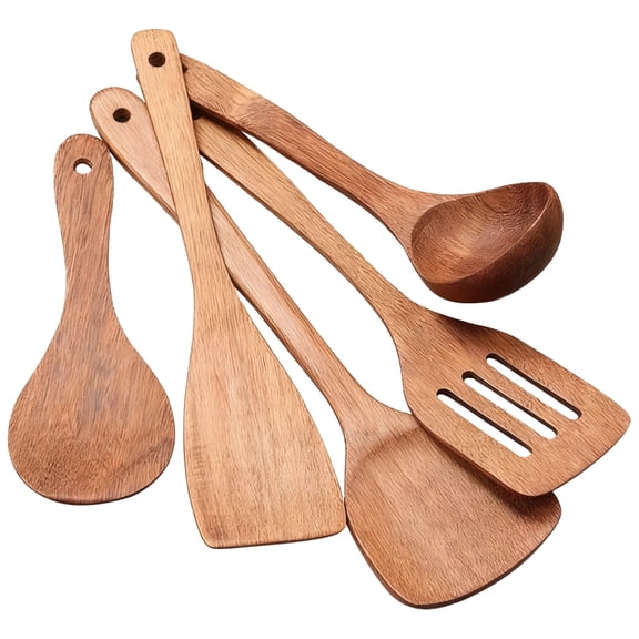 5 Pcs Wooden Kitchen Utensils Set, Natural Chicken Wing Wood Spoons, Including Wooden Spatula Set For Cooking, with Long Handle Design