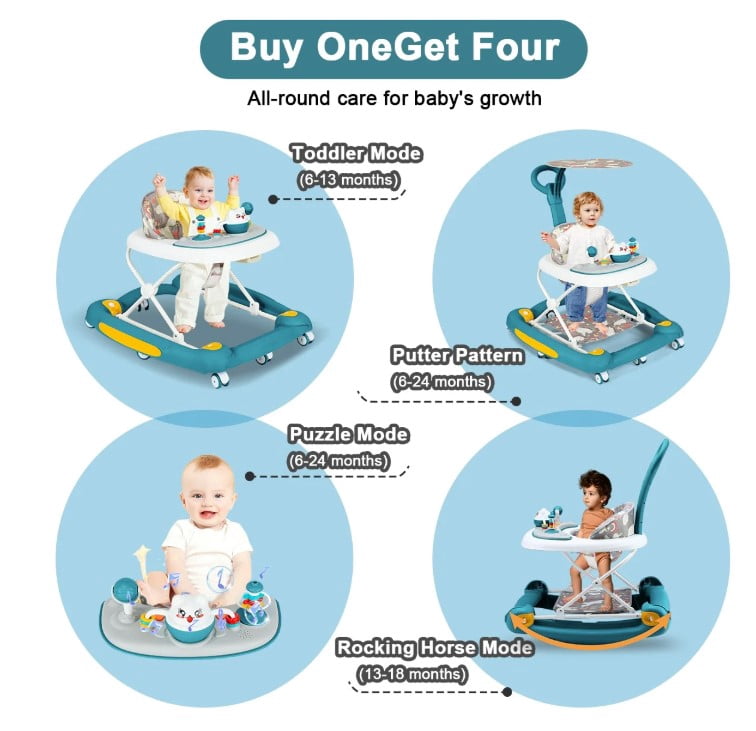 LHUAI 6-in-1 Baby Walker With Wheels, Bouncer, Removable Footrest, Feeding Tray & Music, Foldable & Adjustable Activity Walker For Boys And Girls, Toddler Infant, Green