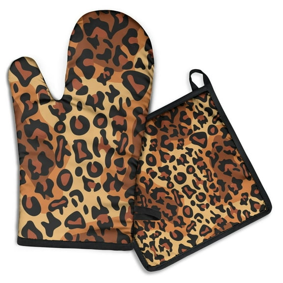 Orange and Brown Leopard Pattern Kitchen Oven Mitt and Pot Holder Sets 2 Pcs for Baking, Cooking and Grilling, Heat Resistant Up To 392 °F