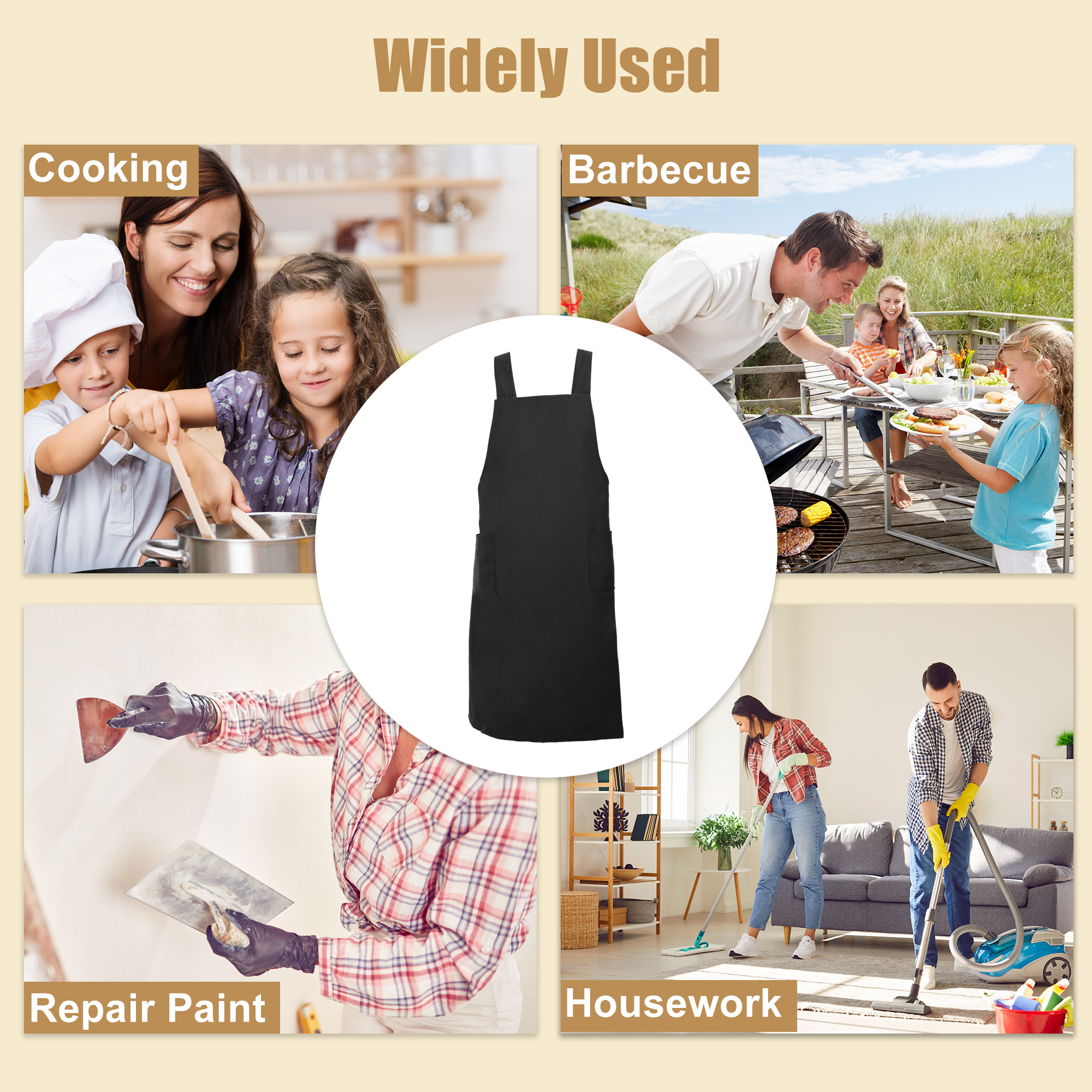Unique Bargains Cotton Linen Apron Cross Back Apron with Pockets Black