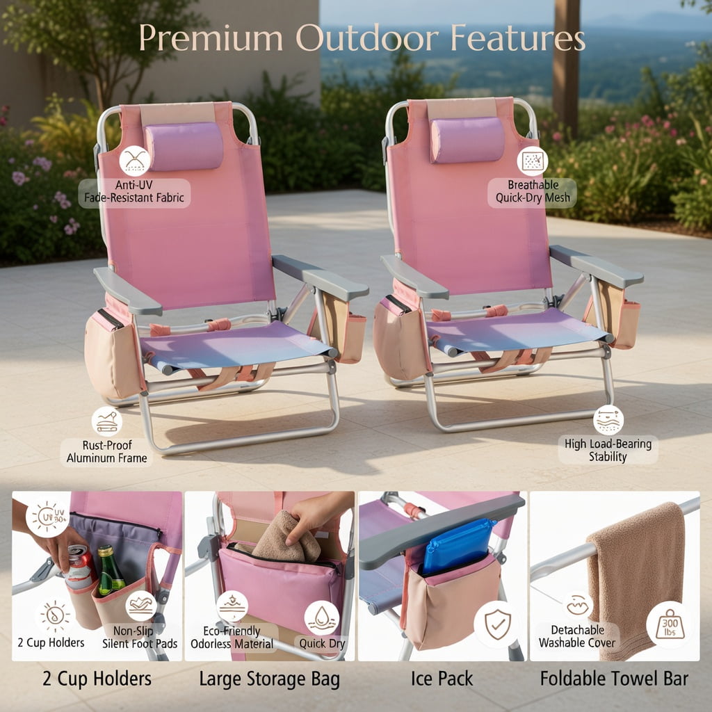 Hommoo 2-Pack Foldable Beach Chair with Adjustable Backrest, Pillow & Carry Bag, Pink