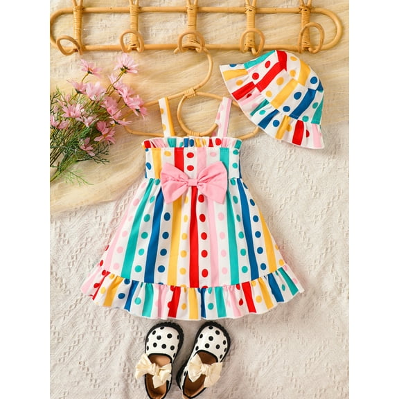 Newborn Dress Striped Color Matching Suspender Dress With Hat Baby 2Pcs Set