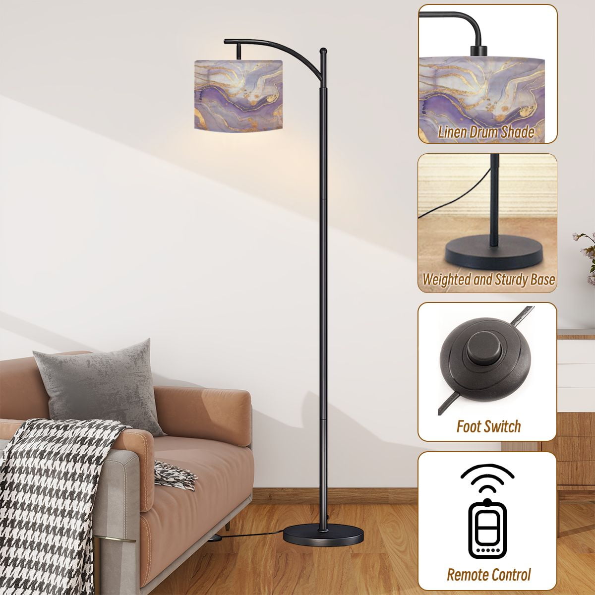 Arc Floor Lamps Abstract lavender liquid marbled watercolor golden lines stains Violet Modern LED Adjustable Lampshade Standing Light for Living Room Reading Bedroom Office