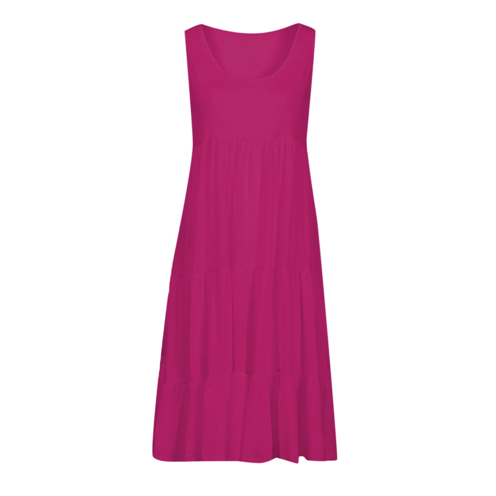 Women's Casual Summer 2024 Tiered Midi Dress Sleeveless Crew Neck Loose Ruffle Dress Smocked Elastic Waist Plus Size Boho Solid Color Sundress