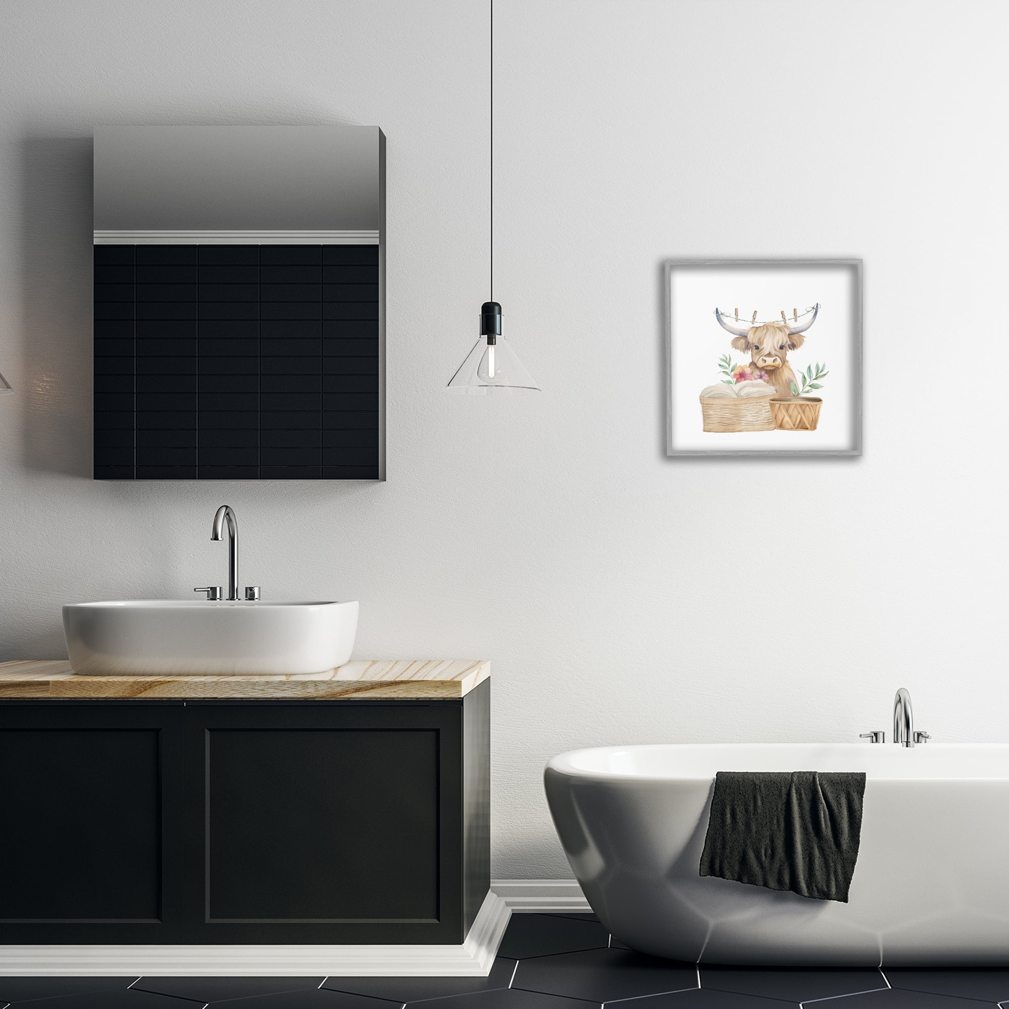 Laundry Day Baby Cattle Gray Framed Giclee Art, design by Kim Allen