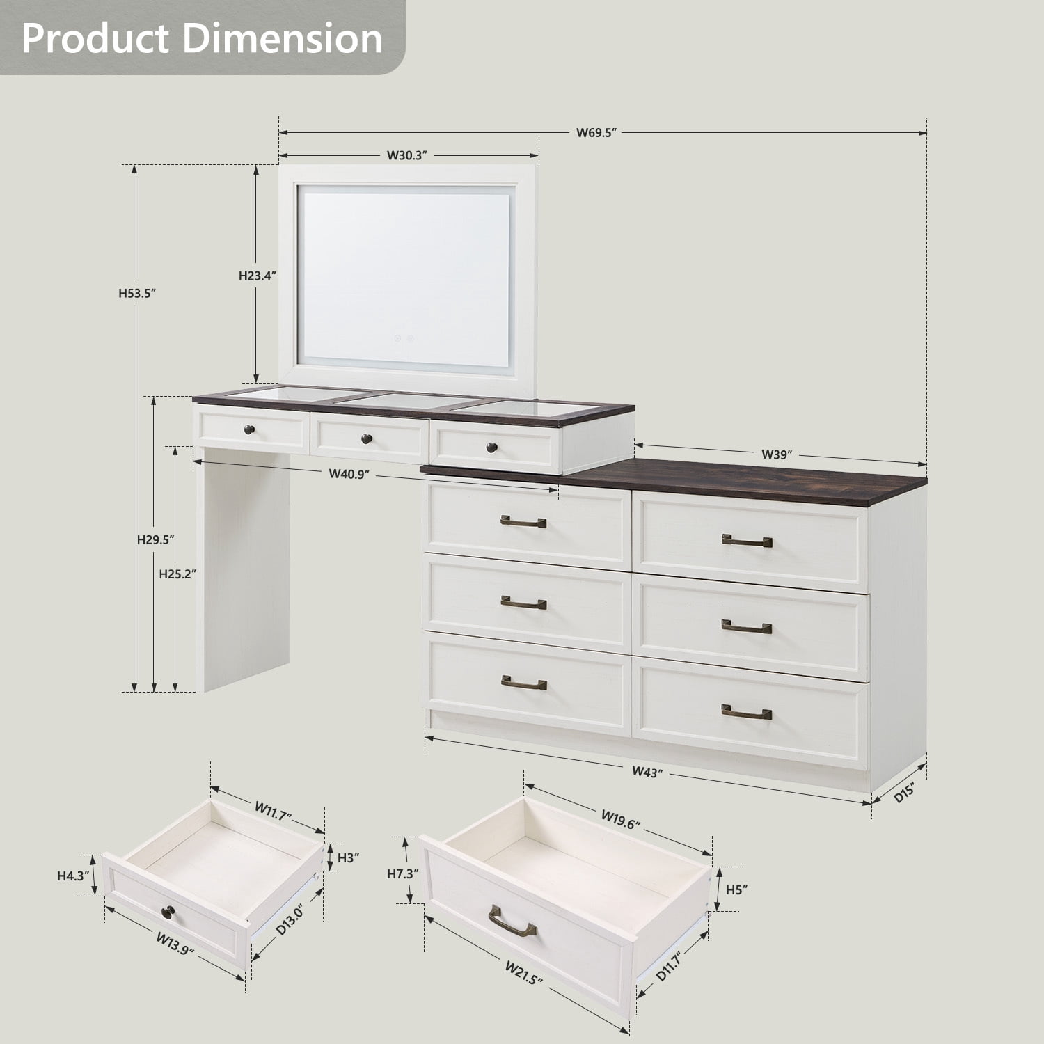 Farmhouse Vanity Desk with Glass Top, Corner Makeup Vanity Set with 30" HD Led Mirror and 3 Color Available Lights, 9 Storage Drawers, Wood Vanity Table for Bedroom