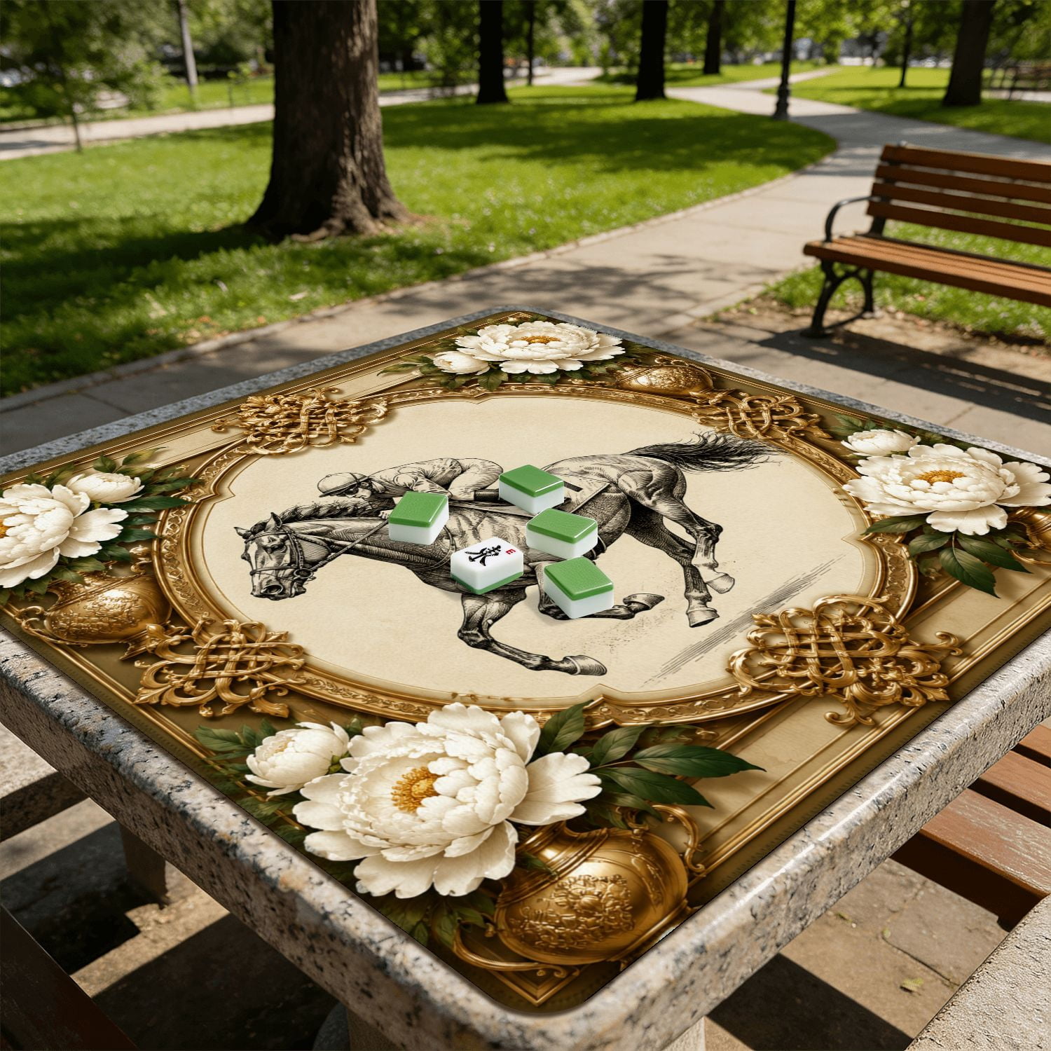 Mahjong Mat 31.5" x 31.5" Horse Jockey Vintage Equestrian Frame Non-Slip Noise Reduction American Mahjong Tiles Table Cover for Dominoes Poker Card Board Games Gift