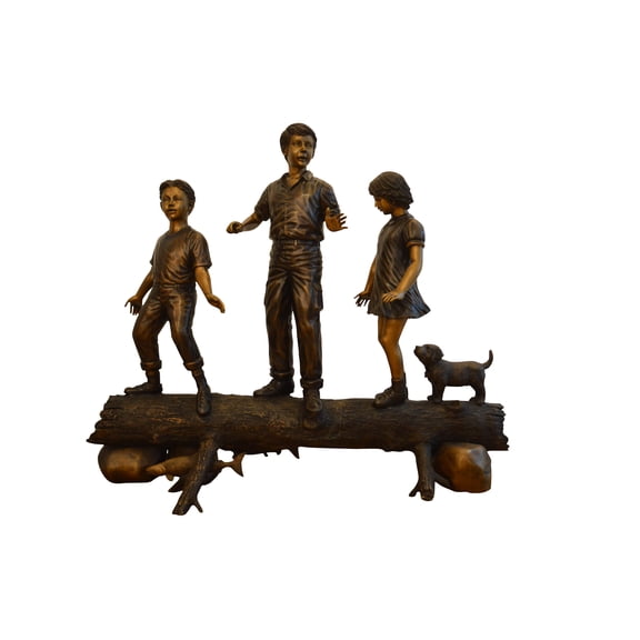 Nifao Three Kids With A Dog On A Log Bronze Statue – Garden Outdoor Decor Sculpture, 78"L x 26"W x 62"H
