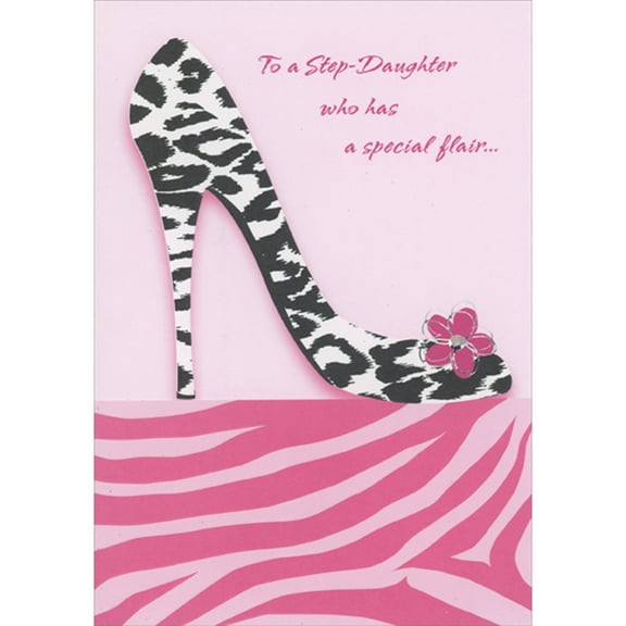 Designer Greetings Black and White High Heel Leopard Pattern Shoe with Pink Flower Mother's Day Card for Step-Daughter