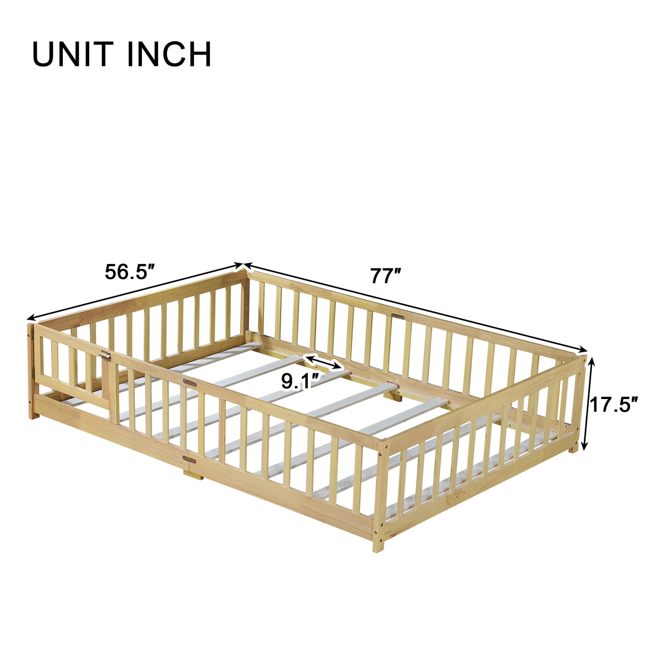 Noble House Amary Full Floor Bed with Safety Fence and Door, Sturdy Rubber Wood Montessori Bed Frame, Natural