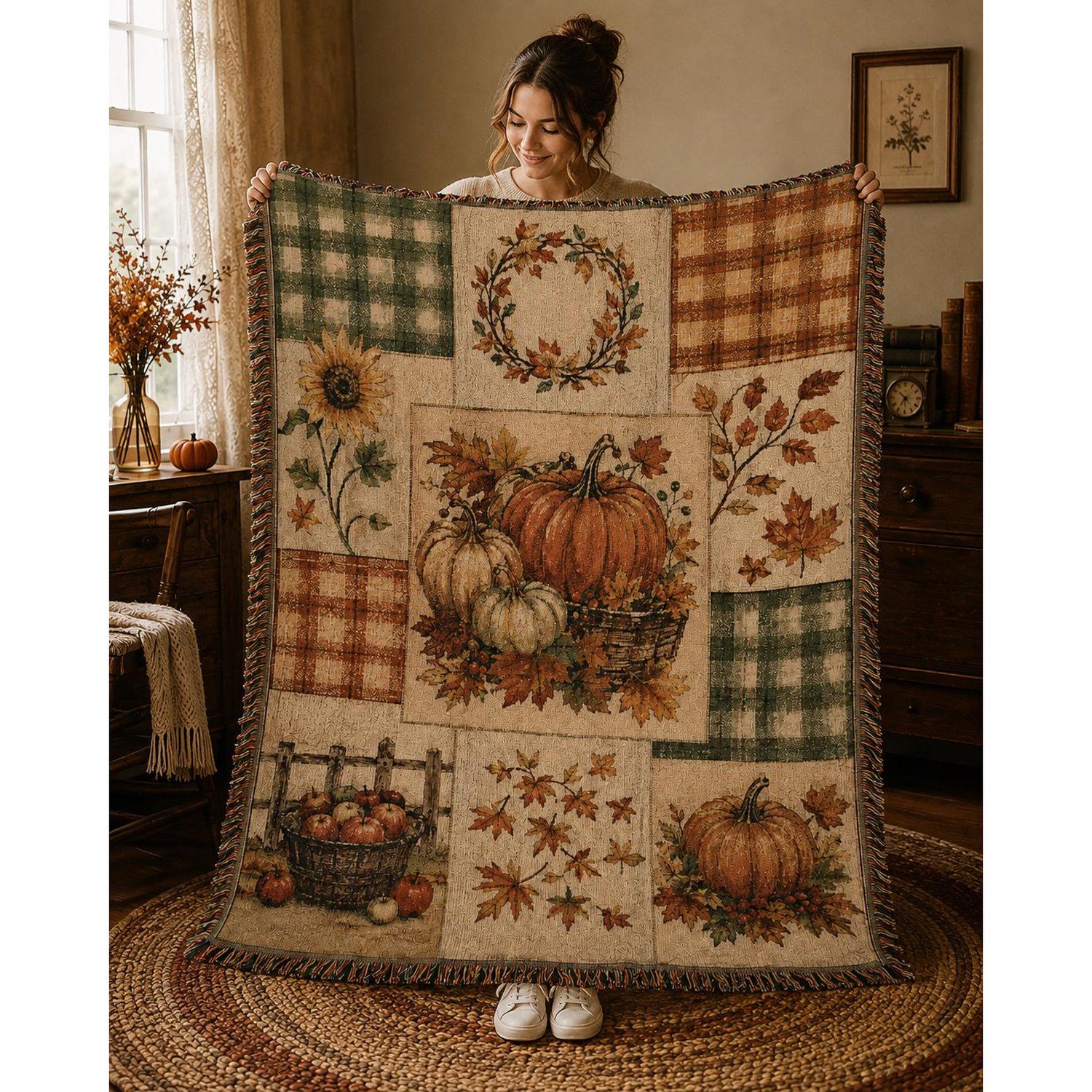 Fall Pumpkin Woven Throw Blanket Cotton with Fringed Edges for Cozy Living Room Decor