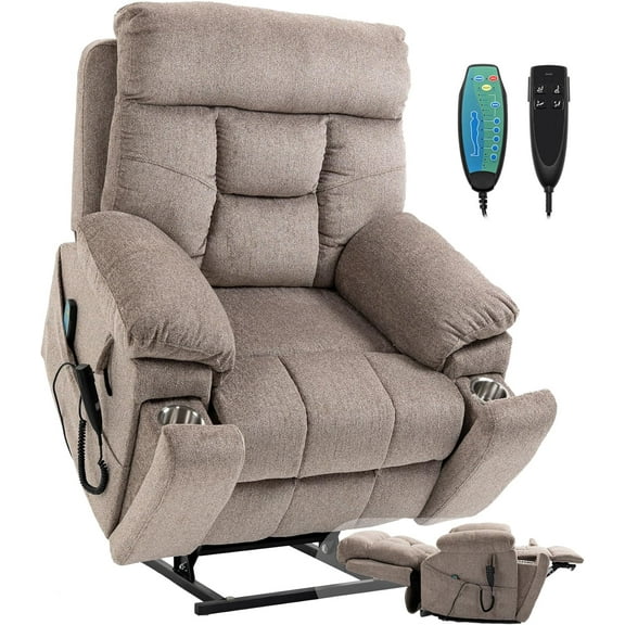 Dual Motor Lay Flat Lift Chairs Recliners - Extra Wide Big Man Recliner with Heat & Massage - Hidden Cup Holder - 400 lbs Capacity