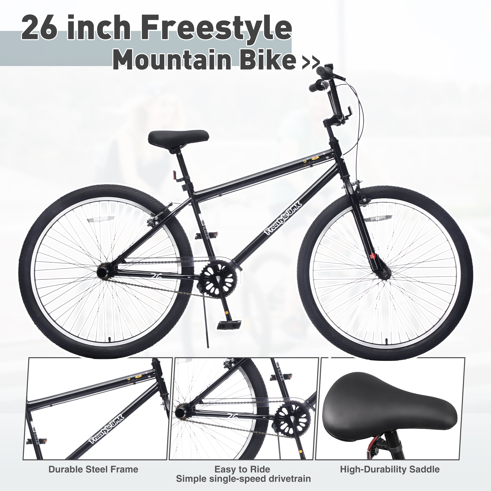Baprem 26" Freestyle Bike with 2 Pegs, Comfort Steel Frame BMX Mountain Bike, Single Speed City Bike Bicycle with Dual Brake, Black