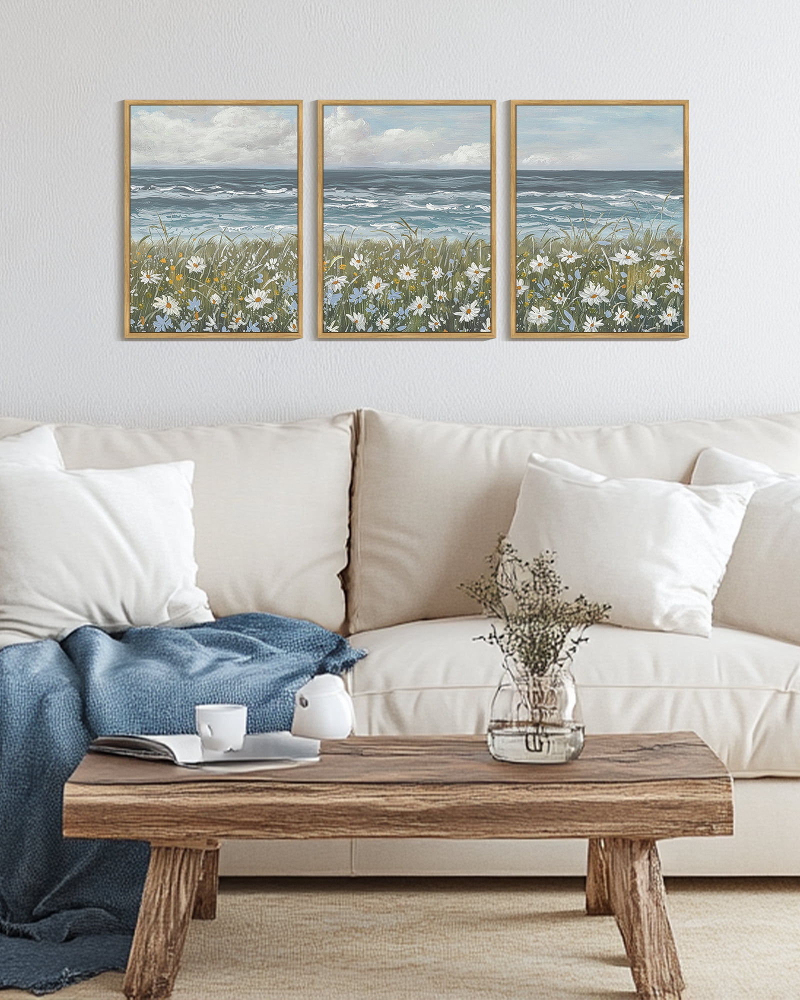 Drsoum Vintage Landscape Wall Art Sea Coastal Wildflower Field Scenery Farmhouse Decor Retro Painting for Living Room Bedroom 12x16in3pcs Brown Framed