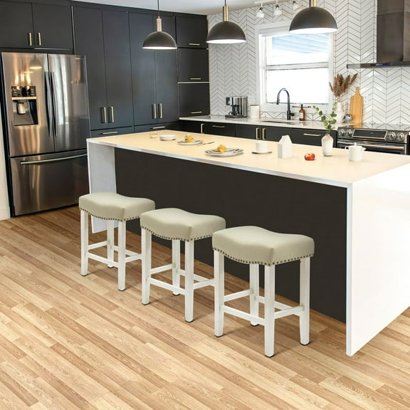 WestinTrends Lenox 24" Upholstered Saddle Seat Antique White Counter Stool (Set of 3), Antique White