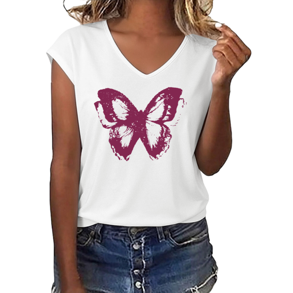 UNISHE Women's Vintage Purple Butterfly Graphic V-Neck Short Sleeve T-Shirt Casual Tee