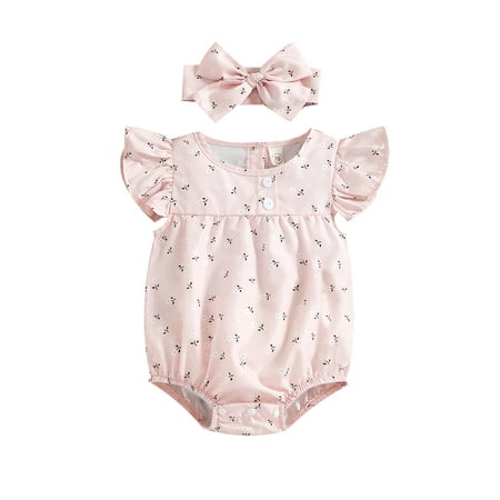 

CenturyX 2PCS Lovely Baby Clothing Jumpsuit with Headband Summer Floral Print Round Neck Fly Sleeve Bodysuit Headwear Pink 12-18 Months